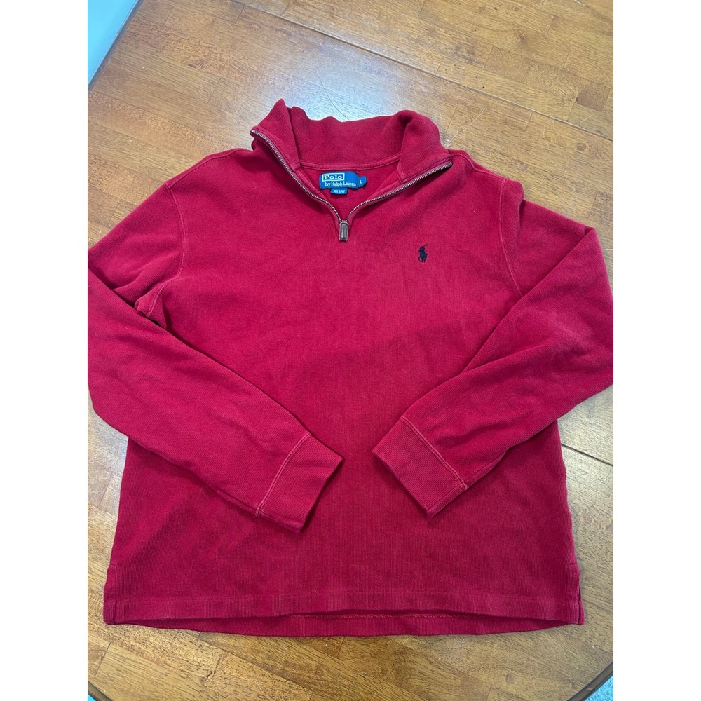 Polo Ralph Lauren Quarter Zip Pullover Mens Large Red 100% Cotton Ribbed Knit